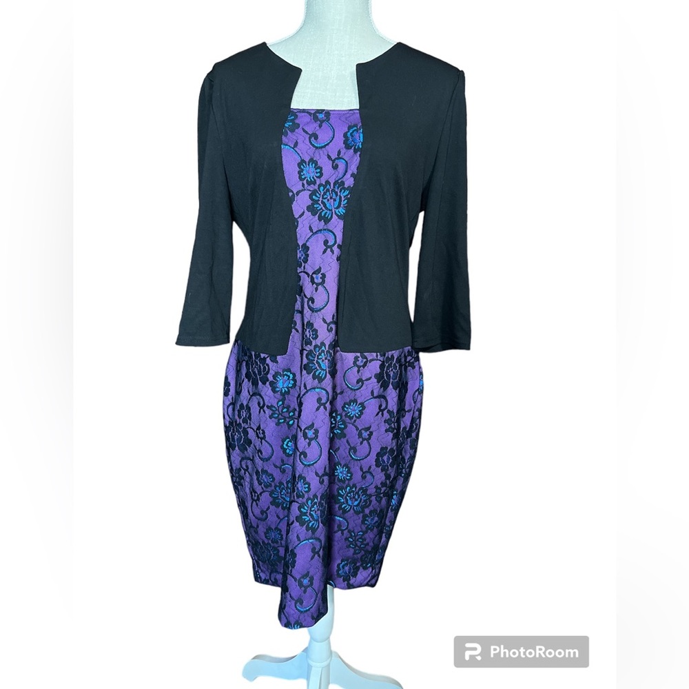 Nice-forever Black Attached Blazer W/ Black Floral Lace Over Purple MIDI Dress